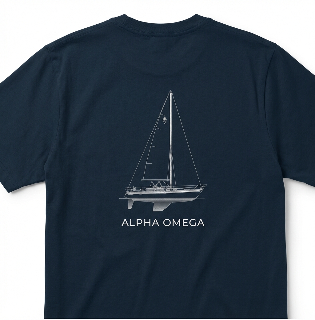 Custom sailboat t-shirt featuring detailed line drawing of owner's actual boat