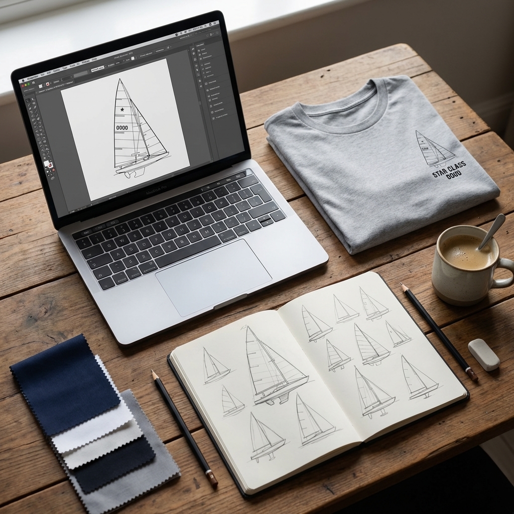 Overhead flat lay of a sailboat shirt design process with laptop, folded shirt, sketches, and coffee