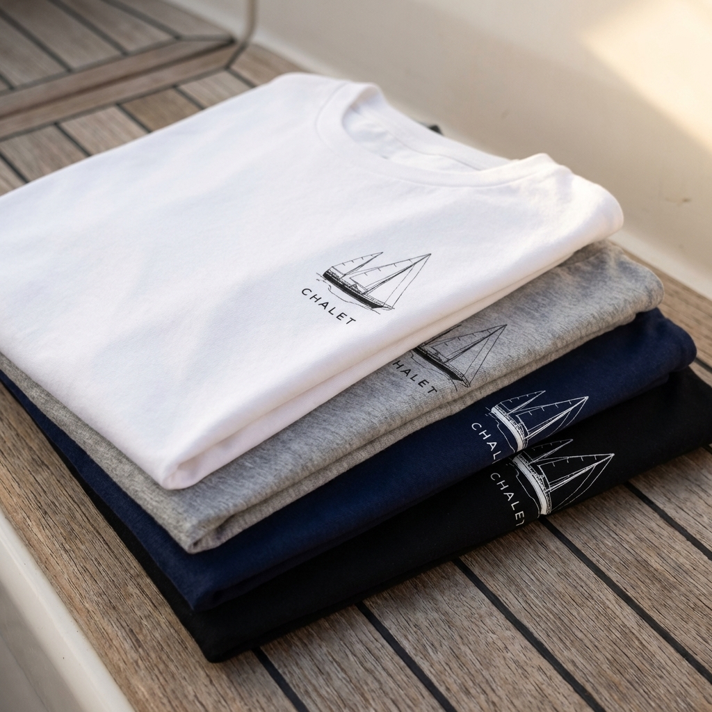 Four folded sailing t-shirts in white, heather grey, navy, and black stacked on teak wood