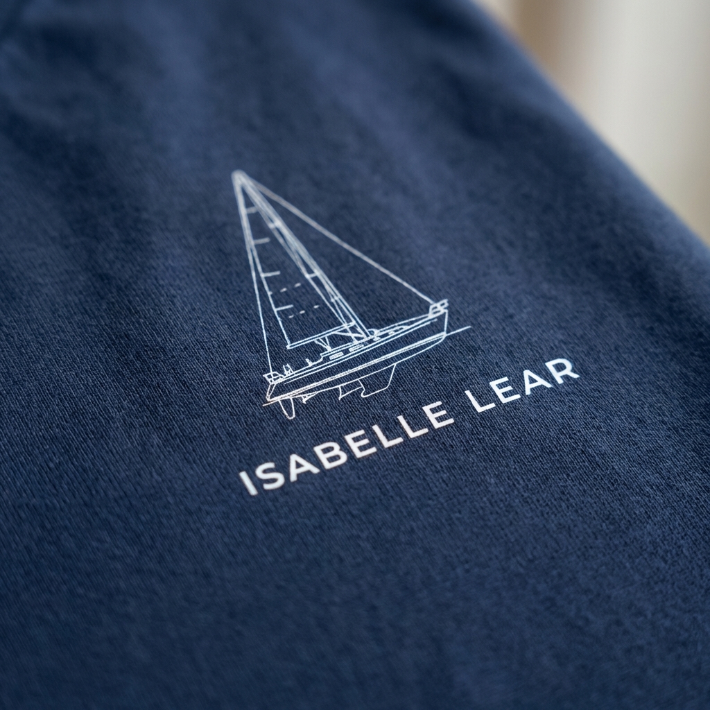 Close-up detail of a DTG printed sailboat line drawing on a navy blue t-shirt