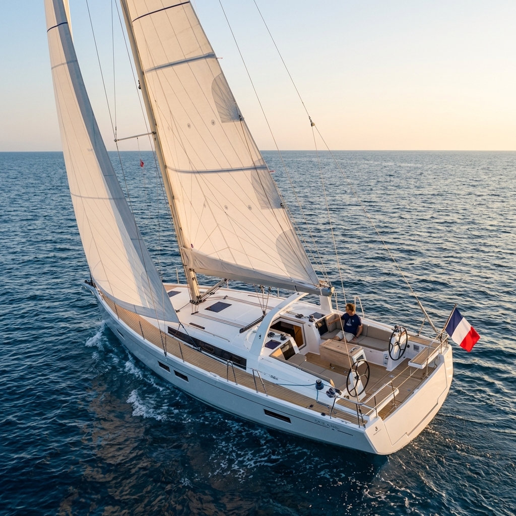 Beneteau Oceanis sailing - Beneteau guide Beneteau Oceanis sailboat under sail in moderate breeze at sunset