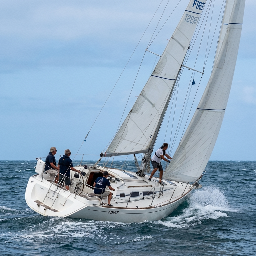 Beneteau First series cruiser-racer Vintage Beneteau First sailboat racing offshore in moderate seas