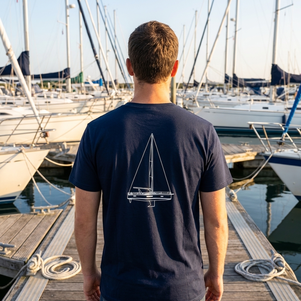 Beneteau line drawing sailboat shirt lifestyle Sailor wearing a custom Beneteau line drawing t-shirt on a marina dock