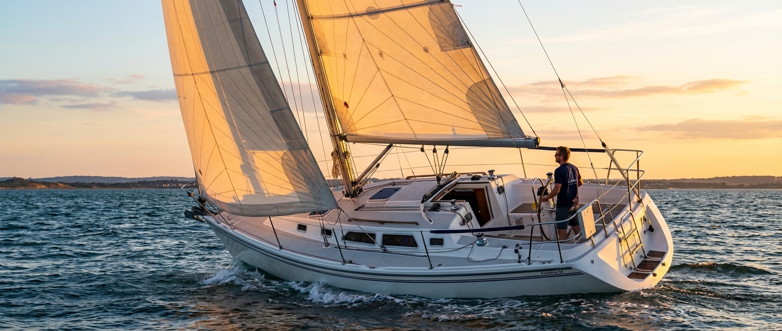 Catalina 30 sailboat under sail at golden hour