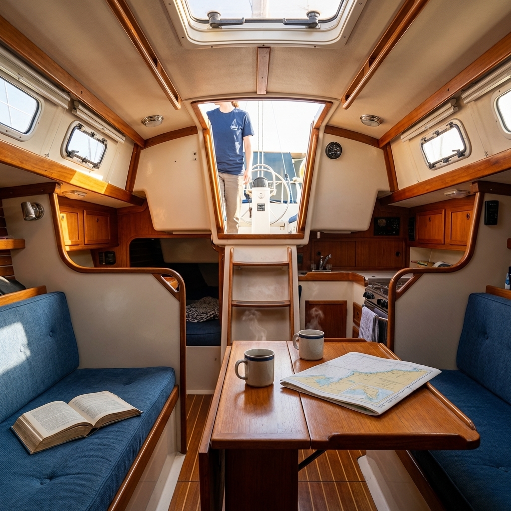 Cozy Catalina 30 cabin interior at anchor