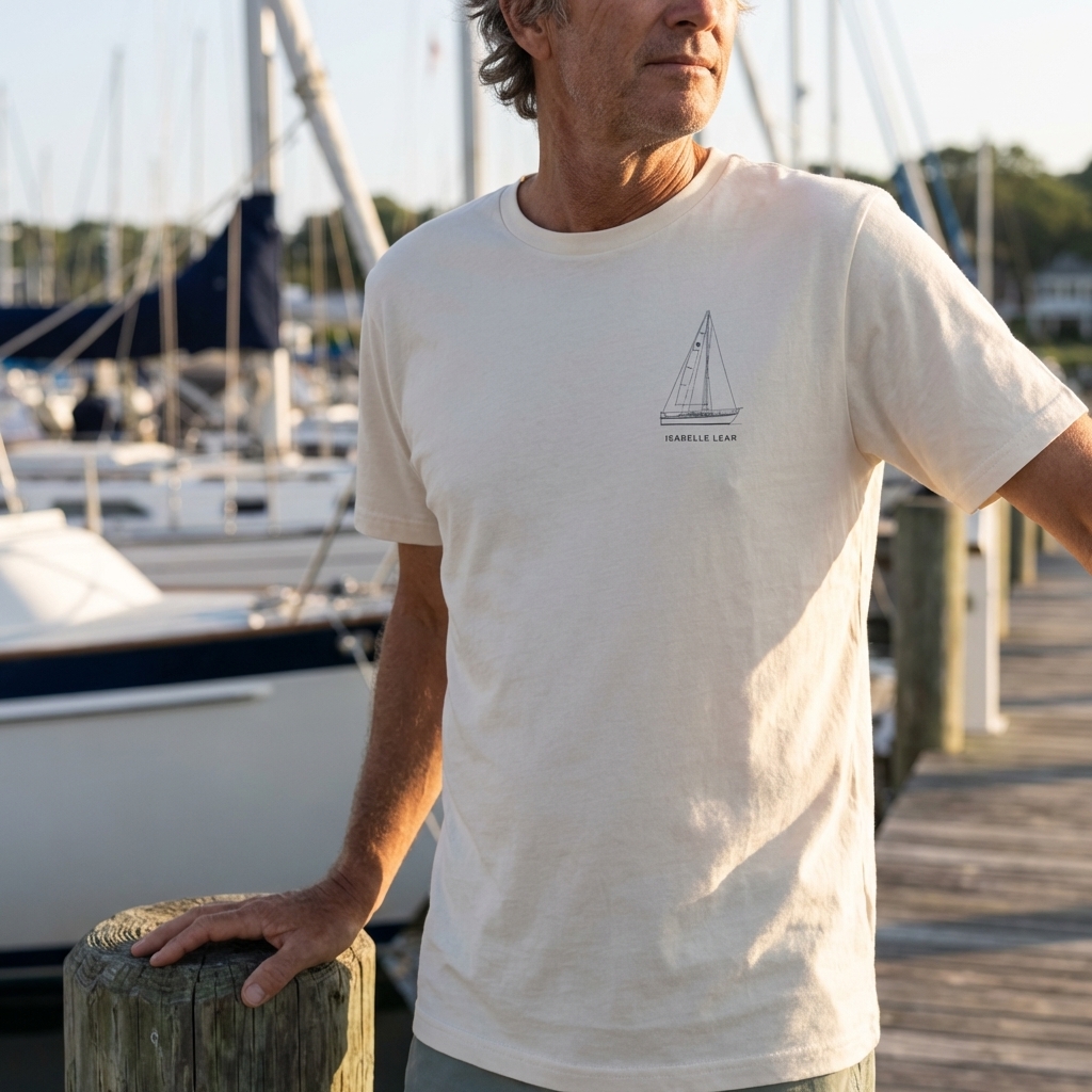 Person wearing custom Catalina sailboat line art t-shirt