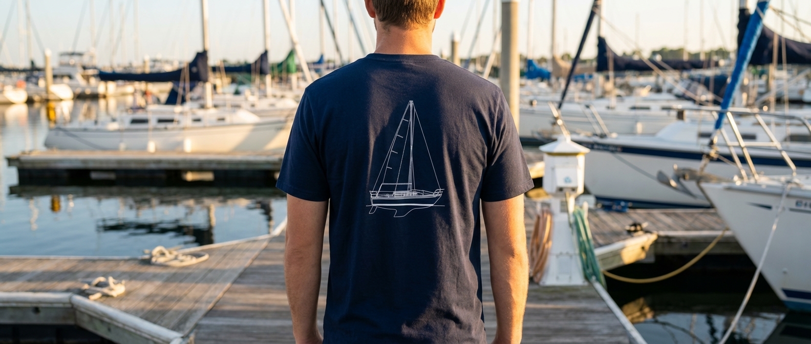 Person wearing a navy Catalina sailboat line drawing t-shirt on a marina dock